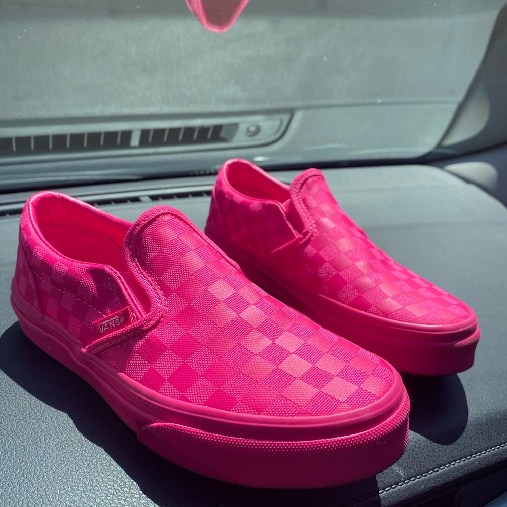 All pink checkered slip on vans